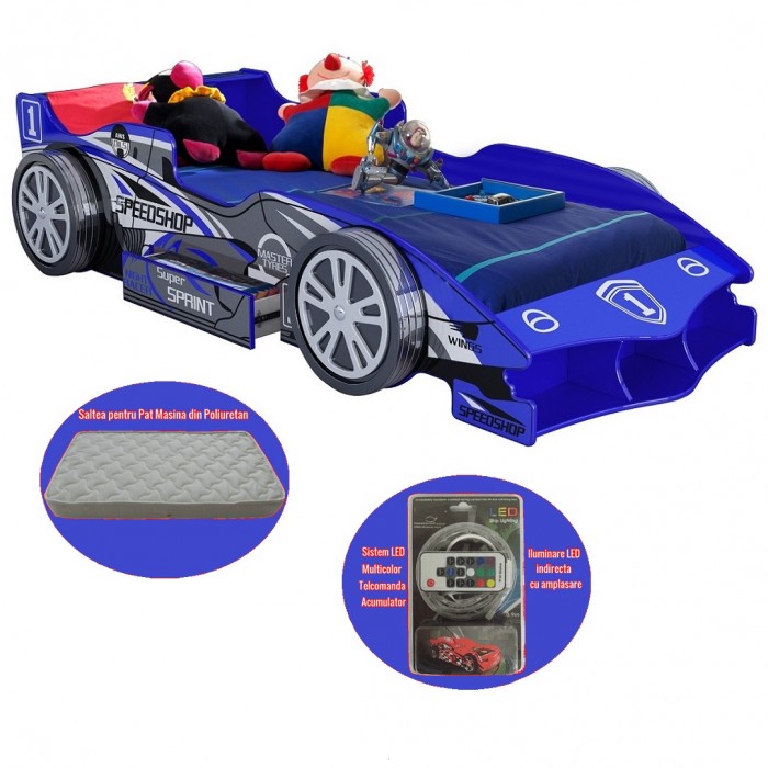 Pat Masina Formula 1albastru F1 roti 3D cu LED-uri si Saltea